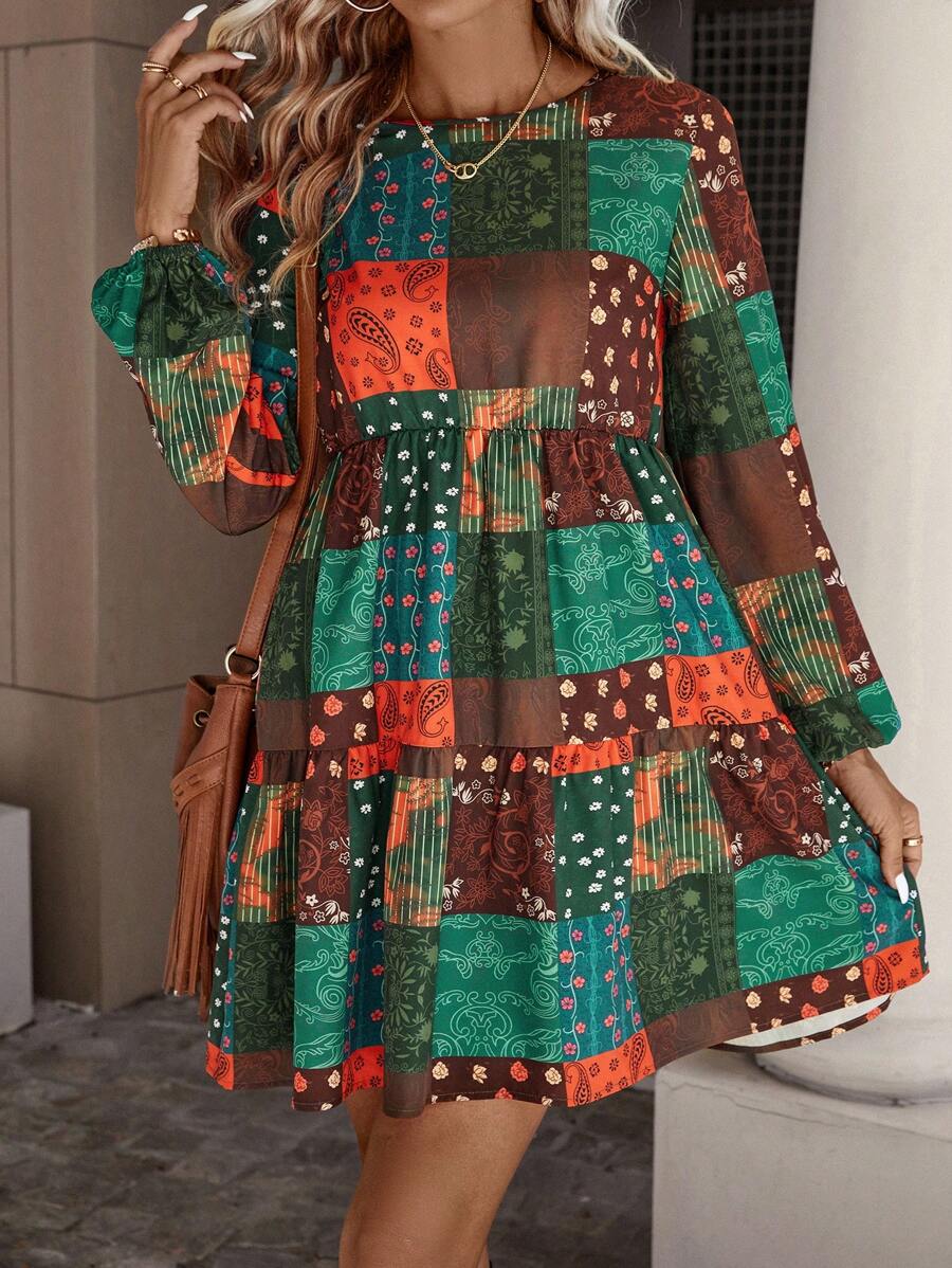 SHEIN LUNE 色塊拼接圖案燈籠袖荷葉邊連衣裙 - 彩色 - 查看 1
