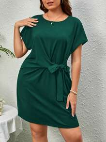 SHEIN Privé Plus Tie Front Batwing Sleeve Dress - Dark Green - View 1