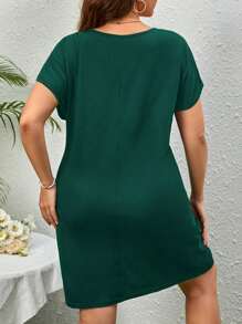 SHEIN Privé Plus Tie Front Batwing Sleeve Dress - Dark Green - View 2