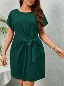 SHEIN Privé Plus Tie Front Batwing Sleeve Dress - Dark Green - View 3