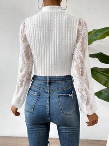 Chiquease Contrast Lace Lantern Sleeve Mock Neck Bodysuit Fall Cloth For Women - White - View 2