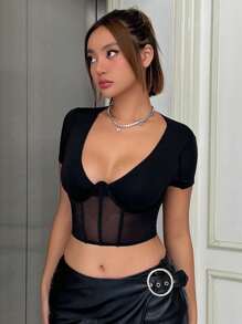 SHEIN ICON Lưới tương phản Áo phông Crop - màu đen - Xem 1