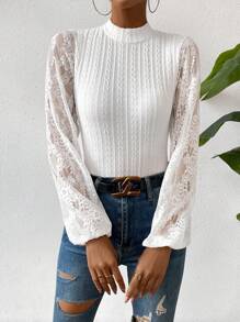 Chiquease Contrast Lace Lantern Sleeve Mock Neck Bodysuit Fall Cloth For Women - White - View 3