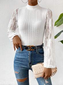 Chiquease Contrast Lace Lantern Sleeve Mock Neck Bodysuit Fall Cloth For Women - White - View 5