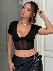 SHEIN ICON Lưới tương phản Áo phông Crop - màu đen - Xem 4