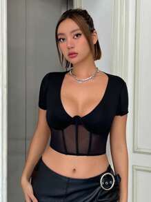 SHEIN ICON Lưới tương phản Áo phông Crop - màu đen - Xem 5