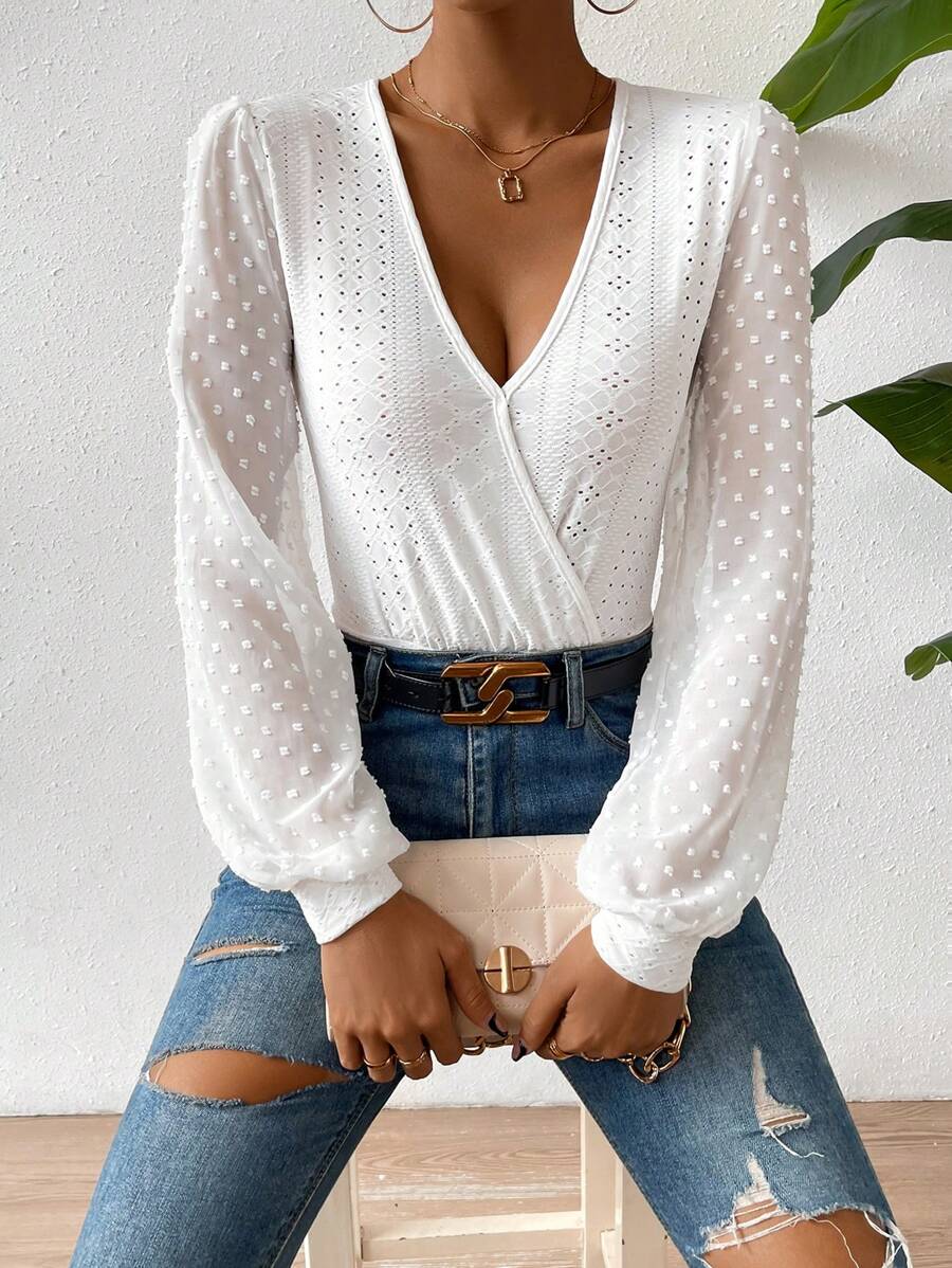 SHEIN Privé 圓點燈籠袖連身背心 - 白色 - 查看 1