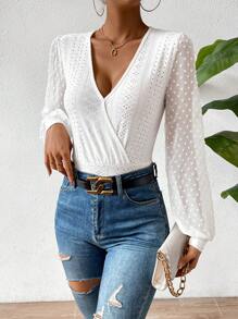 SHEIN Privé 圓點燈籠袖連身背心 - 白色 - 查看 3