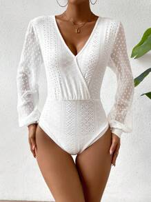 SHEIN Privé 圓點燈籠袖連身背心 - 白色 - 查看 4