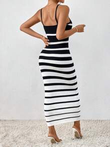 Xyvia Striped Pattern Cami Bodycon Dress - Black and White - View 2