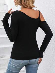 SHEIN LUNE Chain Detail Asymmetrical Neck Tee - Black - View 2