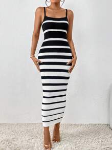 Xyvia Striped Pattern Cami Bodycon Dress - Black and White - View 5