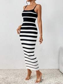 Xyvia Striped Pattern Cami Bodycon Dress - Black and White - View 6