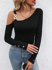 SHEIN LUNE Chain Detail Asymmetrical Neck Tee - Black - View 6