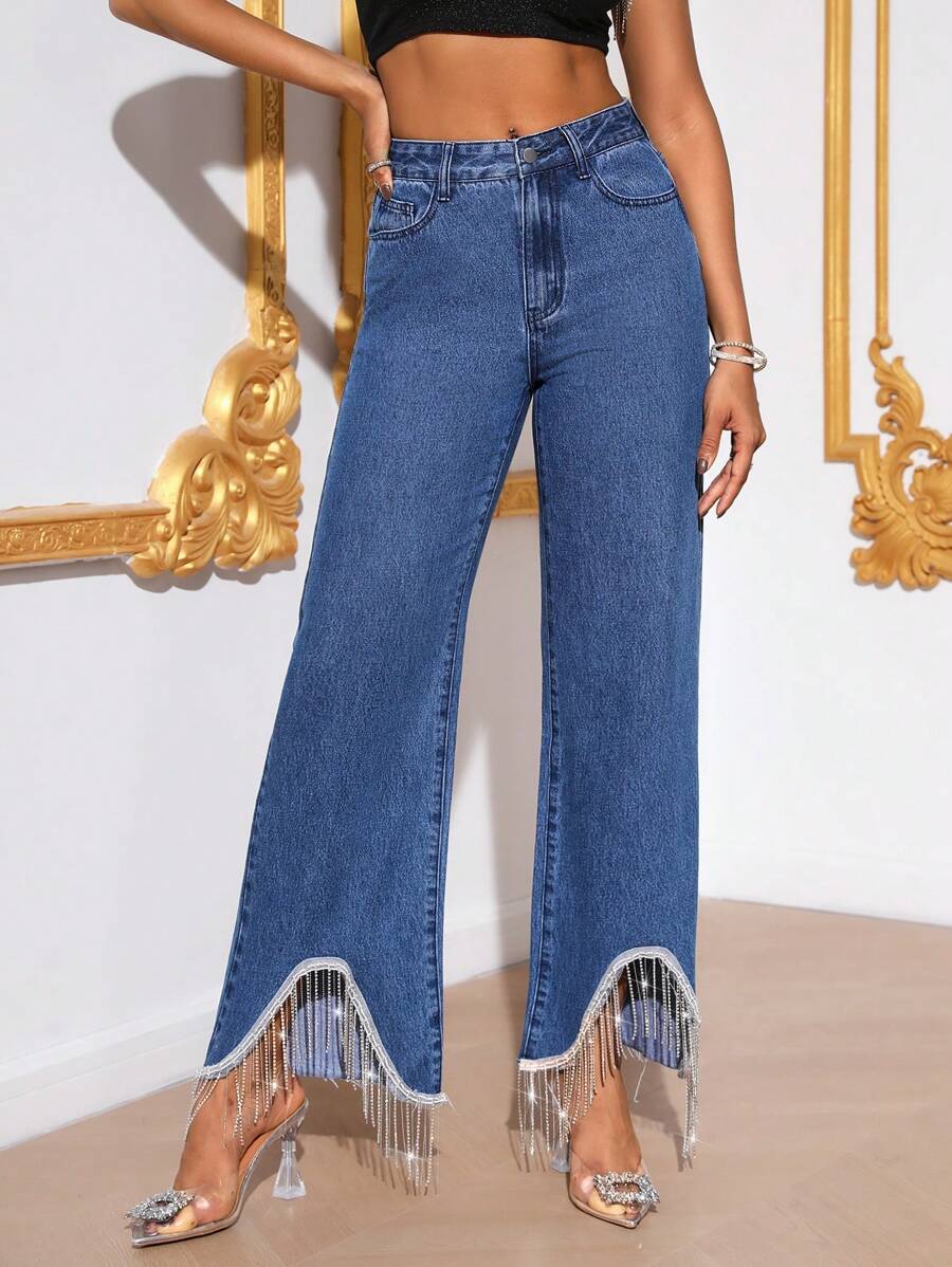 SHEIN BAE 水鑽細節不對稱下擺緊身牛仔褲 - 中等水洗藍 - 查看 1