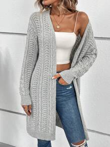 SHEIN LUNE Cable Knit Drop Shoulder Cardigan - Light Grey - View 4