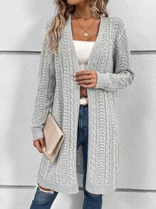 SHEIN LUNE Cable Knit Drop Shoulder Cardigan - Light Grey - View 5