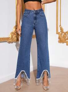 SHEIN BAE 水鑽細節不對稱下擺緊身牛仔褲 - 中等水洗藍 - 查看 3