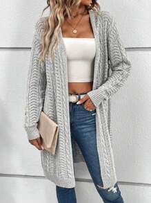 SHEIN LUNE Cable Knit Drop Shoulder Cardigan - Light Grey - View 6