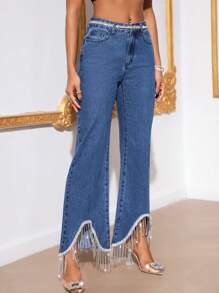 SHEIN BAE 水鑽細節不對稱下擺緊身牛仔褲 - 中等水洗藍 - 查看 6