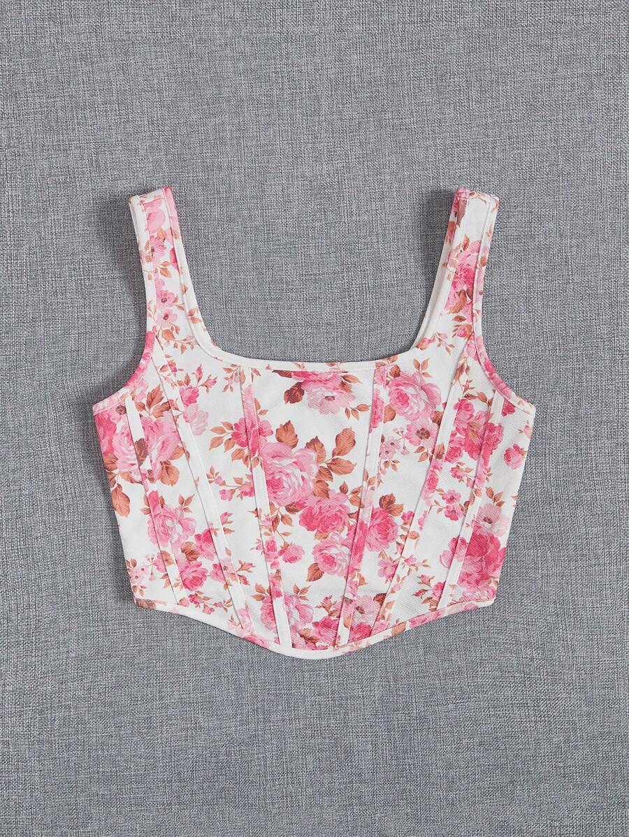 SHEIN VCAY Floral Print Square Neck Tank Top - Multicolor - View 1
