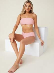 SHEIN Swim 綁帶後背無肩帶比基尼套裝 - 粉色 - 查看 5