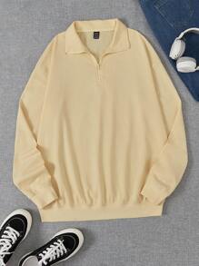 SHEIN EZwear 素色落肩袖運動衫 - 杏色 - 查看 1