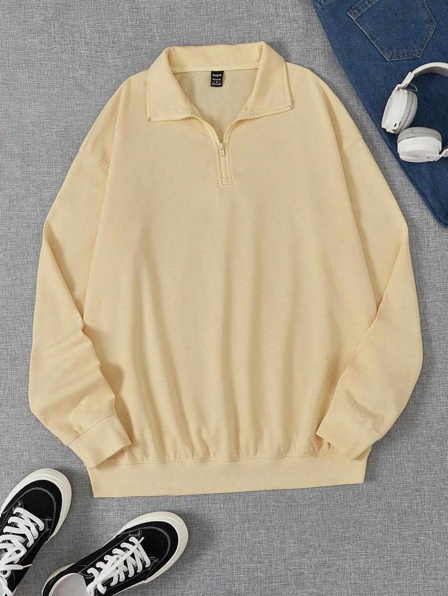 SHEIN EZwear 素色落肩袖運動衫 - 杏色 - 查看 1