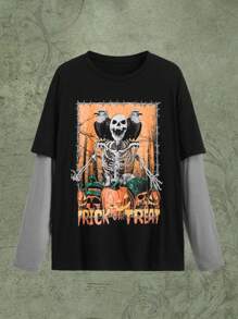 Fakhri Hilmi Halloween 2 trong1 Lá thư Đồ họa đầu lâu Áo thun - màu đen - Xem 1