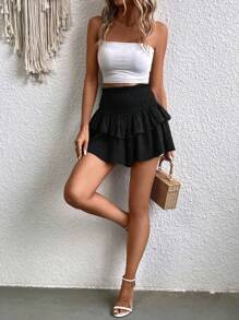 SHEIN LUNE Paperbag Waist Ruffle Trim Skort - Black - View 3