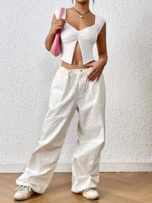 SHEIN EZwear Spring Break Ruched Split Hem Crop Tee - White - View 5