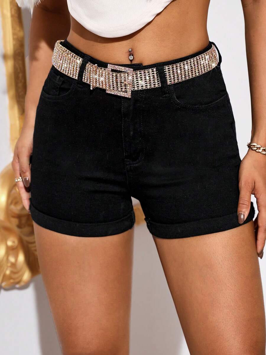 SHEIN BAE 卷邊牛仔短褲不附腰帶 - 黑色 - 查看 1