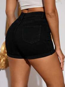 SHEIN BAE 卷邊牛仔短褲不附腰帶 - 黑色 - 查看 2