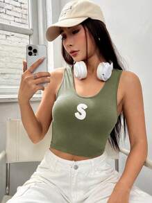 SHEIN EZwear Top tank crop con estampado de letra - Verde militar - Ver 4