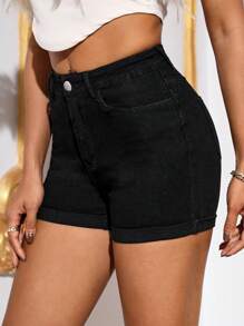 SHEIN BAE 卷邊牛仔短褲不附腰帶 - 黑色 - 查看 3