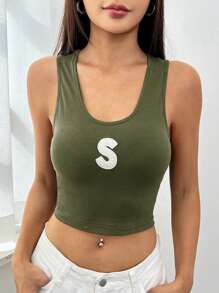 SHEIN EZwear Top tank crop con estampado de letra - Verde militar - Ver 1