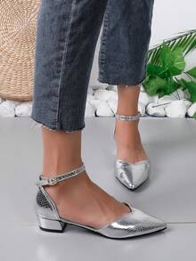 Snake Print Cutout Closed Toe Flat Sandals With Ankle Strap - Silver - View 6