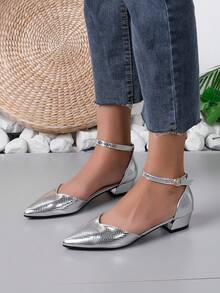 Snake Print Cutout Closed Toe Flat Sandals With Ankle Strap - Silver - View 7