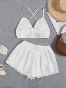 SHEIN VCAY unicolor Top de tirantes crop & Shorts - Blanco - Ver 2