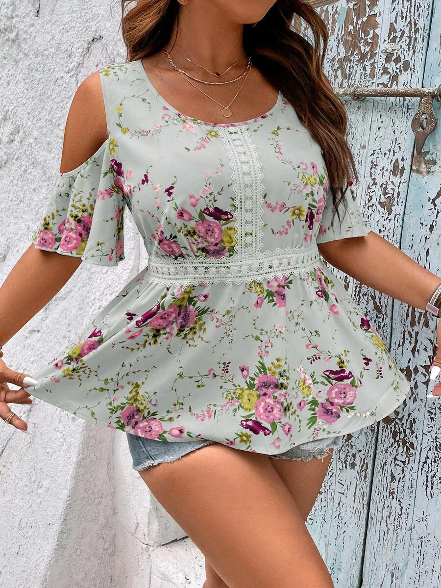 SHEIN Holidaya Plus Floral Print Cold Shoulder Guipure Lace Panel Peplum Blouse - Mint Green - View 1