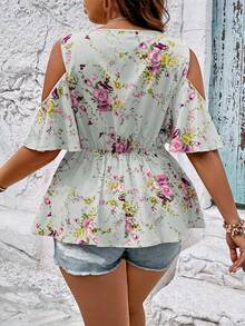 SHEIN Holidaya Plus Floral Print Cold Shoulder Guipure Lace Panel Peplum Blouse - Mint Green - View 2