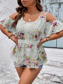 SHEIN Holidaya Plus Floral Print Cold Shoulder Guipure Lace Panel Peplum Blouse - Mint Green - View 3