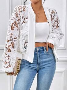 SHEIN Essnce 水溶蕾絲拼接落肩袖飛行員夾克不附吊帶上衣 - 白色 - 查看 1