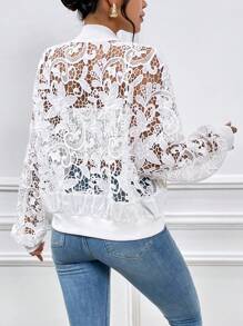 SHEIN Essnce 水溶蕾絲拼接落肩袖飛行員夾克不附吊帶上衣 - 白色 - 查看 2