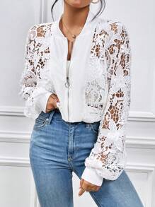 SHEIN Essnce 水溶蕾絲拼接落肩袖飛行員夾克不附吊帶上衣 - 白色 - 查看 3