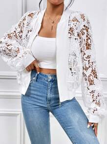 SHEIN Essnce 水溶蕾絲拼接落肩袖飛行員夾克不附吊帶上衣 - 白色 - 查看 7