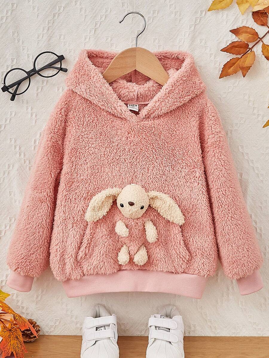 SHEIN 女童万圣节休闲纯色抓绒卫衣，带熊耳朵 - 淺粉色 - 查看 1