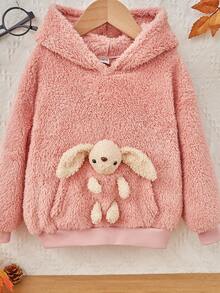 SHEIN 女童万圣节休闲纯色抓绒卫衣，带熊耳朵 - 淺粉色 - 查看 3