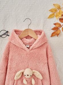 SHEIN 女童万圣节休闲纯色抓绒卫衣，带熊耳朵 - 淺粉色 - 查看 4
