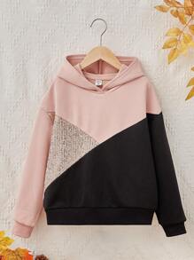 SHEIN 适合秋冬季居家休闲穿着的少女针织拼接串珠卫衣 - 彩色 - 查看 1